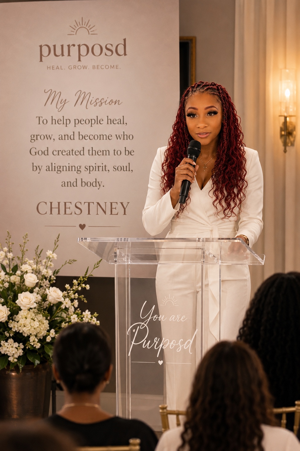Chestney Hibbler speaking at a Purposd event