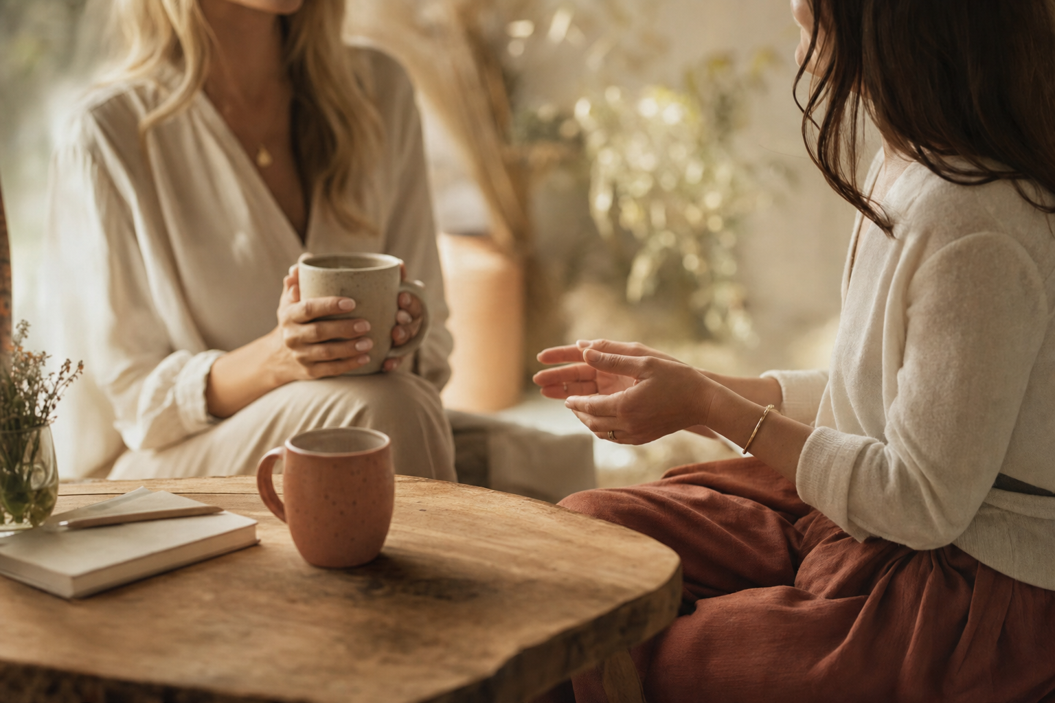 A quiet, reflective coaching conversation in a warm setting