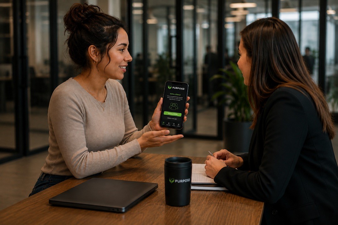 Two friends sharing the Purposd app — real growth is better together