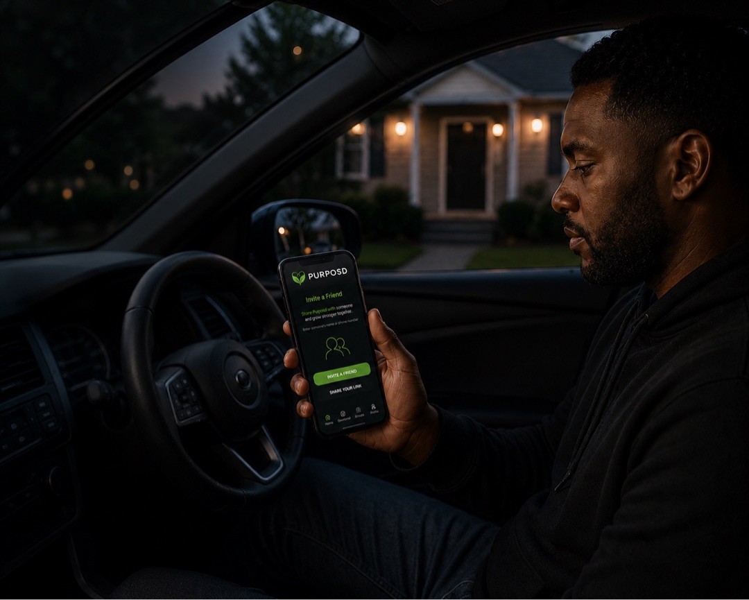 Man in car using Purposd app