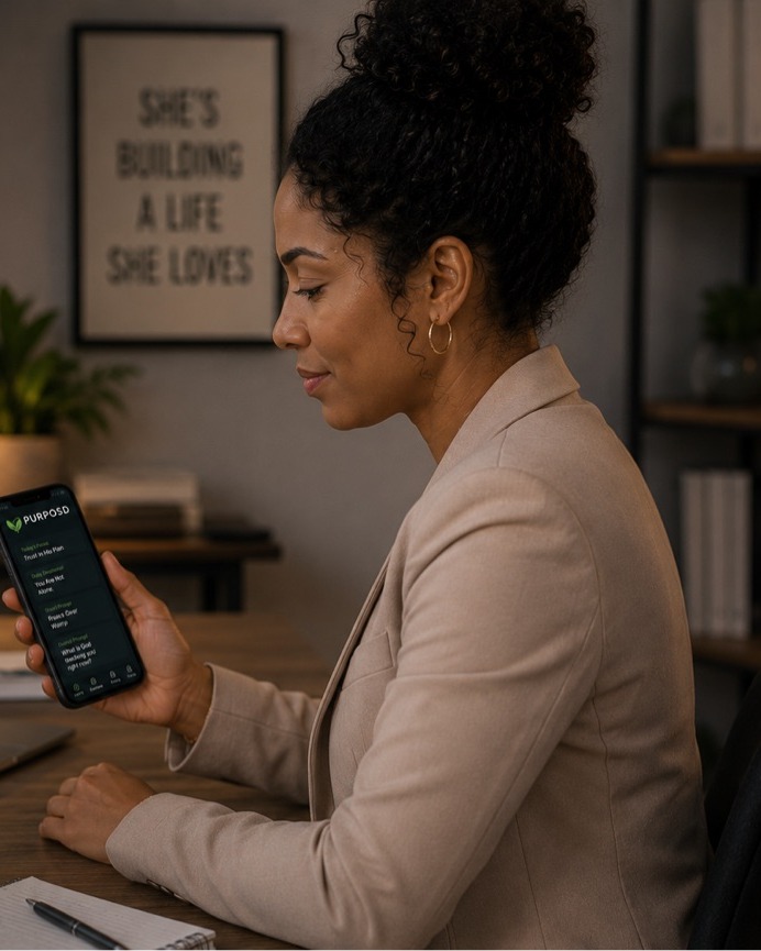Woman at desk using Purposd app