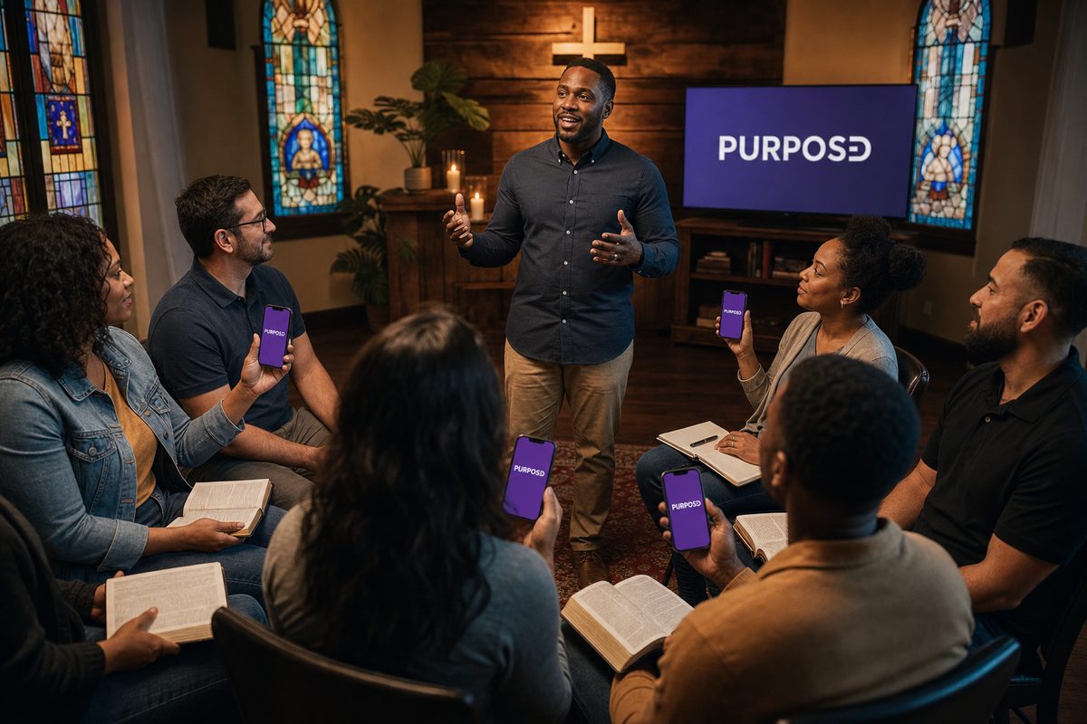 Pastor leading a small group with Purposd app open on phones and Bibles on the table
