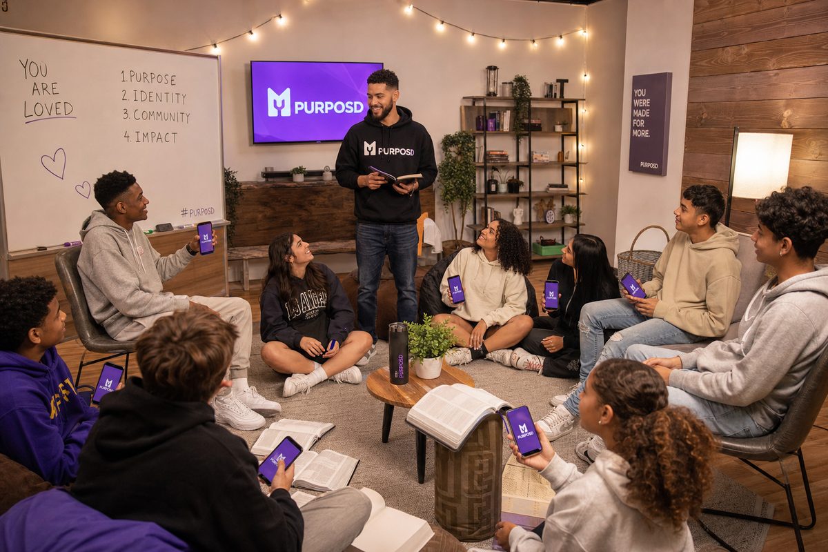 Teen youth group with Purposd app open, whiteboard saying You Are Loved, string lights